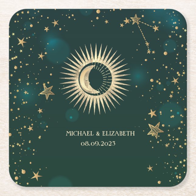 Celestial Gold Sun and Moon Stars Green Rechteckiger Pappuntersetzer (Vorderseite)