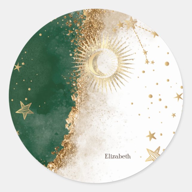 Celestial Gold Sun and Moon Stars Green Runder Aufkleber (Vorderseite)