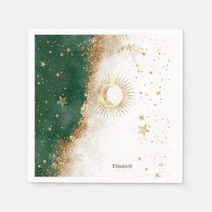 Celestial Gold Sun and Moon Stars Green Serviette