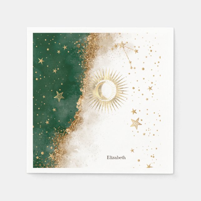 Celestial Gold Sun and Moon Stars Green Serviette (Vorderseite)