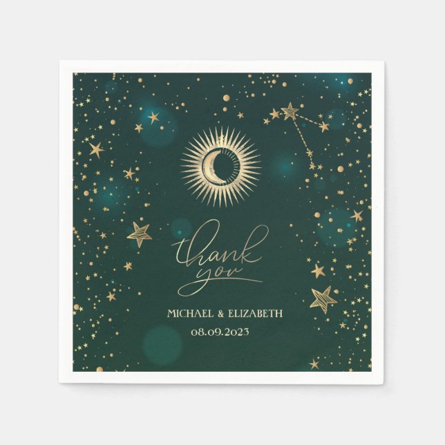 Celestial Gold Sun and Moon Stars Green Serviette (Vorderseite)