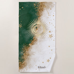 Celestial Gold Sun and Moon Stars Green Strandtuch