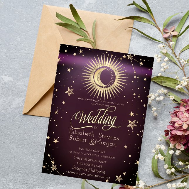 Celestial Gold Sun and Moon Stars Hochzeit Burgund Einladung (Von Creator hochgeladen)