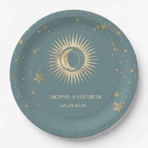 Celestial Gold Sun and Moon Stars Minze Green Pappteller