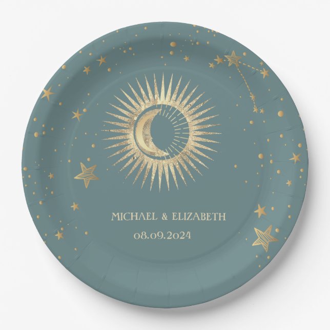 Celestial Gold Sun and Moon Stars Minze Green Pappteller (Vorderseite)