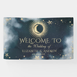 Celestial Gold Sun and Moon Stars Night Sky Banner