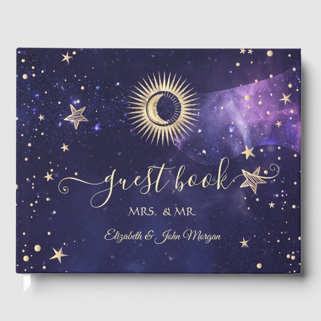 Celestial Gold Sun, Mond, Sterne Lila Gästebuch (Vorderseite)