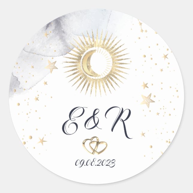Celestial Gold Sun, Mond, Sterne Runder Aufkleber (Vorderseite)