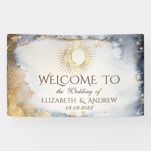 Celestial Gold Sun, Mond, Sterne Wasserfarbe Banner (Horizontal)