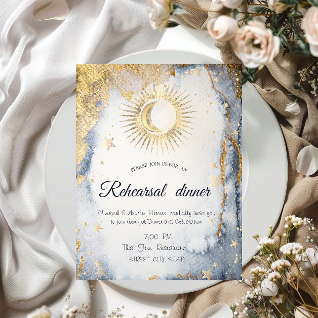 Celestial Gold Sun, Mond, Sterne Wasserfarbe Einladung (Von Creator hochgeladen)