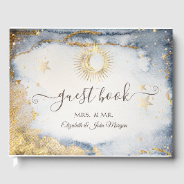 Celestial Gold Sun, Mond, Sterne Wasserfarbe Gästebuch