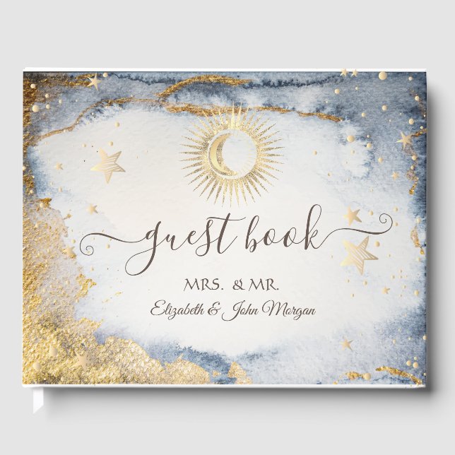Celestial Gold Sun, Mond, Sterne Wasserfarbe Gästebuch (Vorderseite)