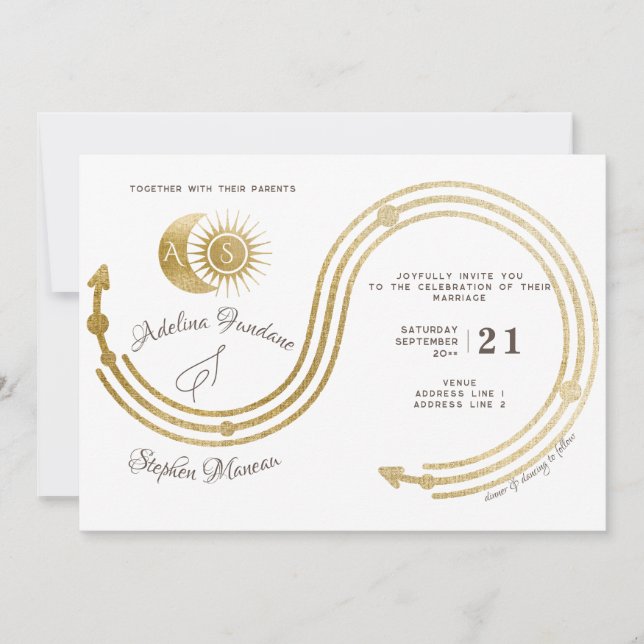 Celestial Gold Sun & Moon Monogram Wappen QR Code Einladung (Vorderseite)