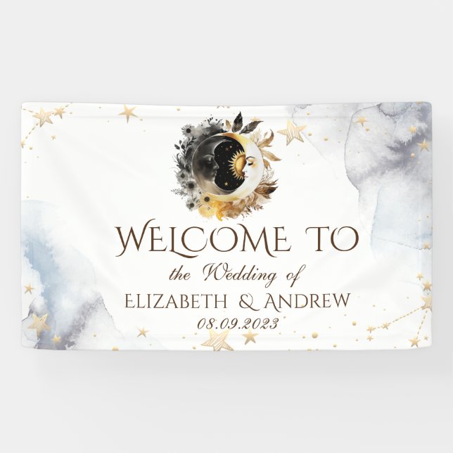 Celestial Gold Sun, Moon, Stars Blume Banner (Horizontal)