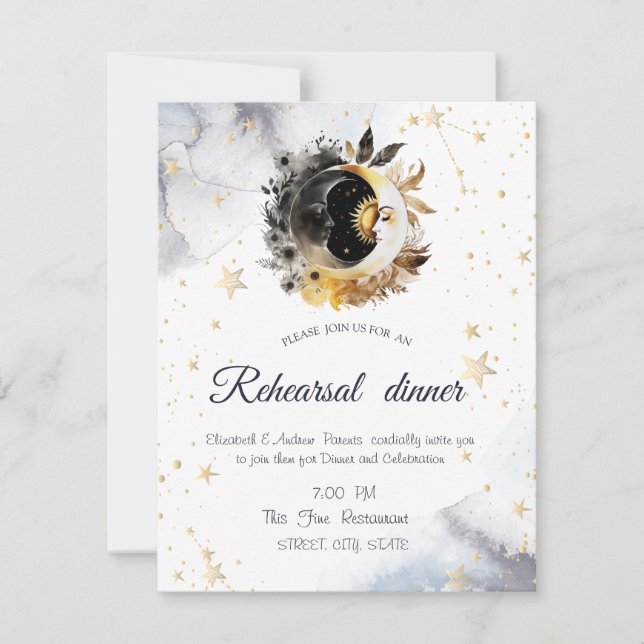 Celestial Gold Sun, Moon, Stars Blume Einladung (Vorderseite)