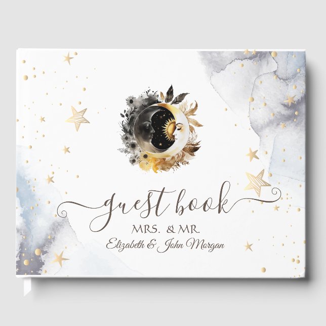 Celestial Gold Sun, Moon, Stars Blume Gästebuch (Vorderseite)