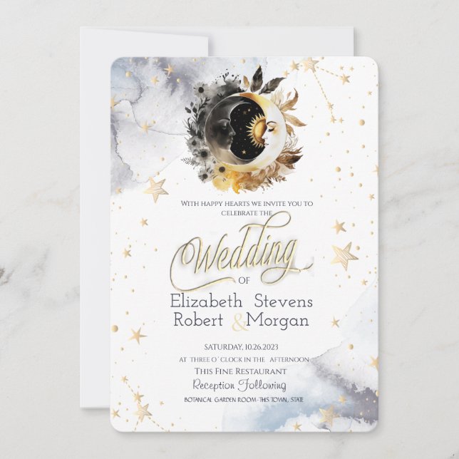 Celestial Gold Sun, Moon, Stars Blume Hochzeit Einladung (Vorderseite)