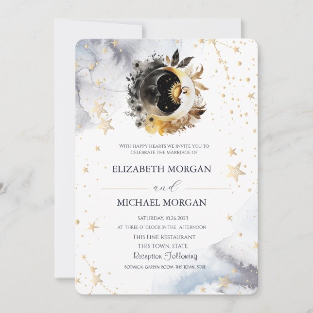 Celestial Gold Sun, Moon, Stars Blume Hochzeit Einladung (Vorderseite)