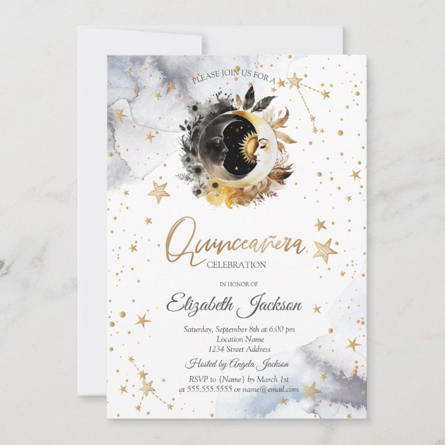 Celestial Gold Sun, Moon, Stars Blume Quinceanera Einladung (Vorderseite)