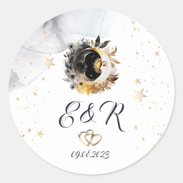 Celestial Gold Sun, Moon, Stars Blume Runder Aufkleber (Vorderseite)