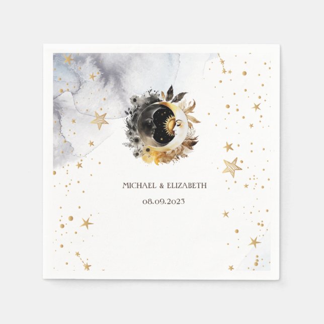 Celestial Gold Sun, Moon, Stars Blume Serviette (Vorderseite)