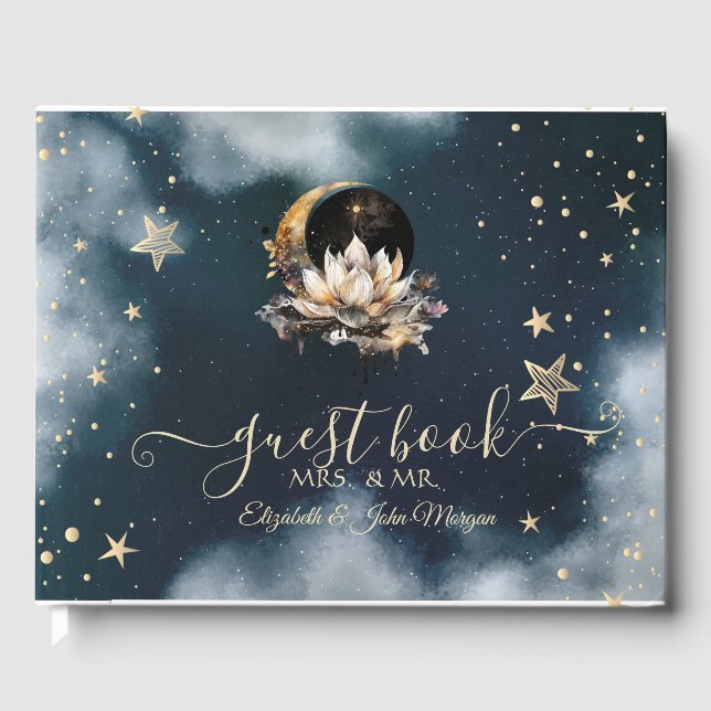 Celestial Gold Sun, Moon, Stars Lotus Night Sky Gästebuch (Vorderseite)