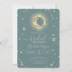 Celestial Gold Sun Moon Stars Luncheon Mint Green Einladung