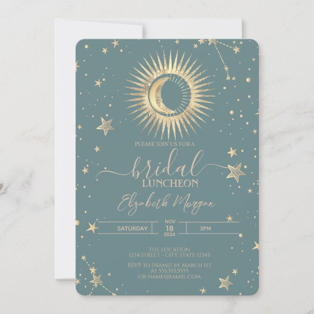Celestial Gold Sun Moon Stars Luncheon Mint Green Einladung (Vorderseite)