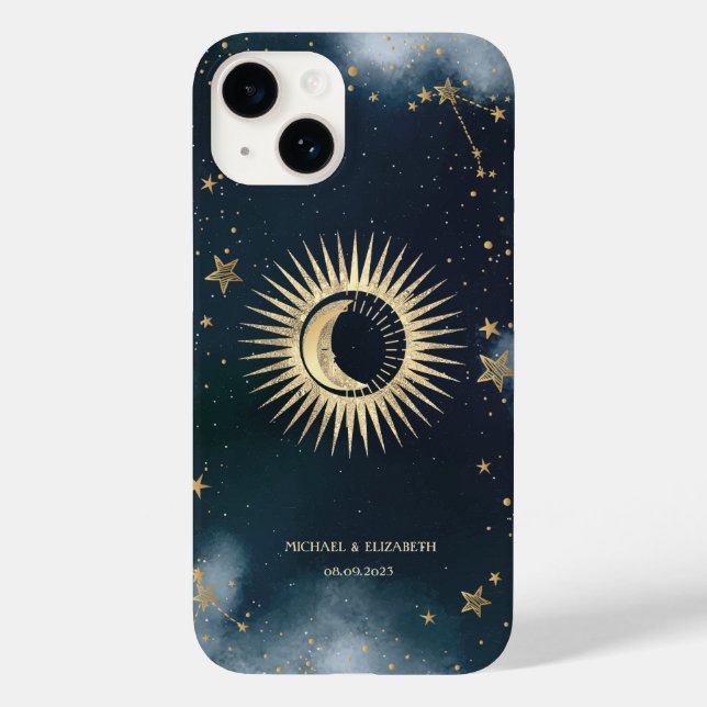 Celestial Gold Sun, Moon, Stars Night Sky Case-Mate iPhone 14 Hülle (Rückseite)