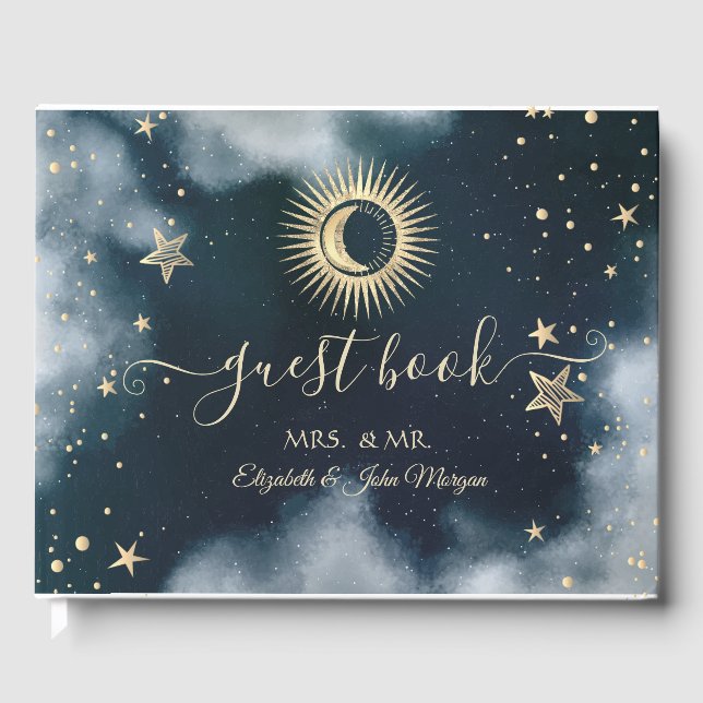 Celestial Gold Sun, Moon, Stars Night Sky Gästebuch (Vorderseite)