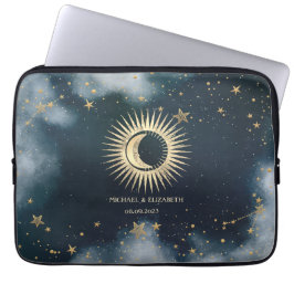Celestial Gold Sun, Moon, Stars Night Sky Laptopschutzhülle
