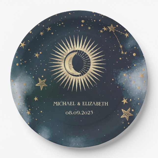 Celestial Gold Sun, Moon, Stars Night Sky Pappteller (Vorderseite)