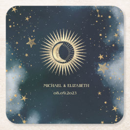 Celestial Gold Sun, Moon, Stars Night Sky Rechteckiger Pappuntersetzer