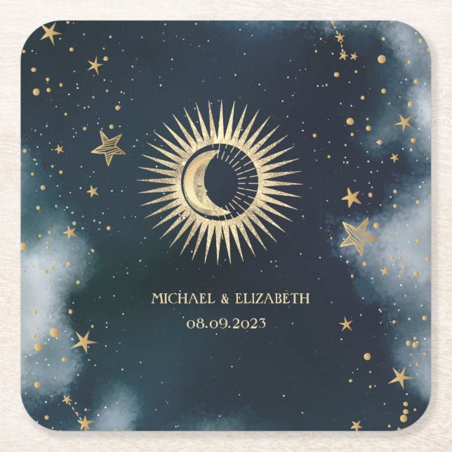 Celestial Gold Sun, Moon, Stars Night Sky Rechteckiger Pappuntersetzer (Vorderseite)