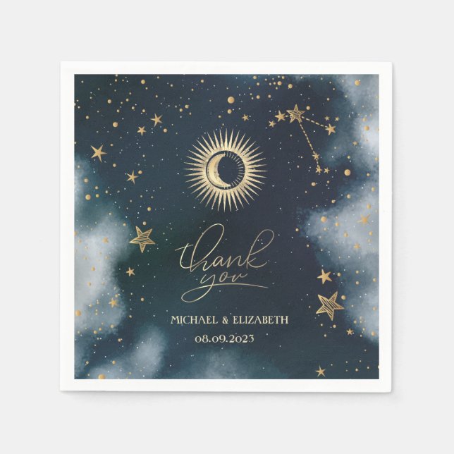 Celestial Gold Sun, Moon, Stars Night Sky Serviette (Vorderseite)