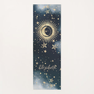 Celestial Gold Sun, Moon, Stars Night Sky Yogamatte