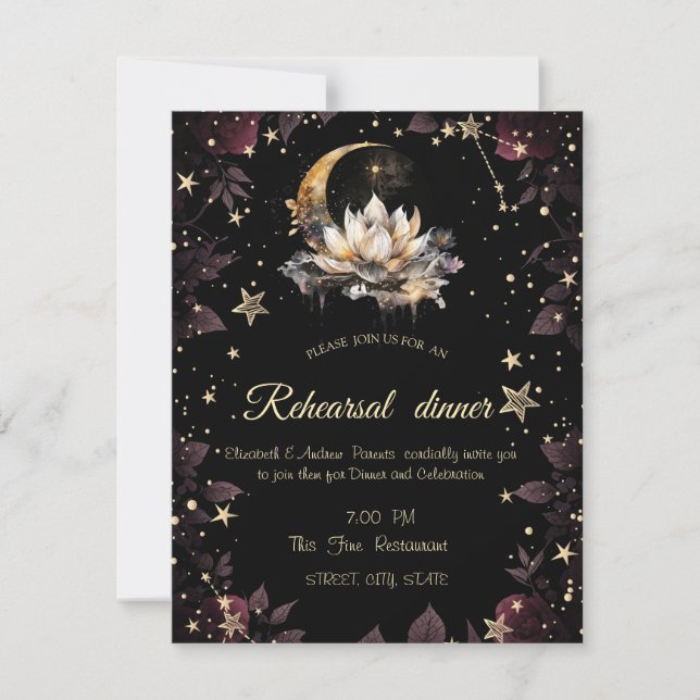 Celestial Gold Sun, Moon, Stars Rose Night Sky Einladung (Vorderseite)