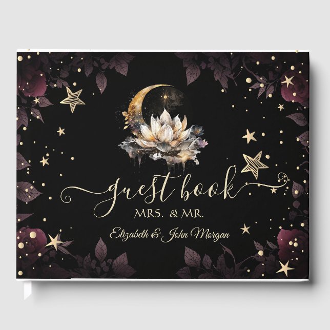 Celestial Gold Sun, Moon, Stars Rose Night Sky Gästebuch (Vorderseite)