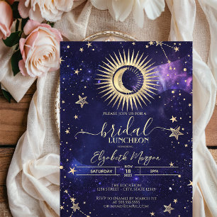 Celestial Gold Sun, Moon, Stars Wasserfarbe Lila Einladung