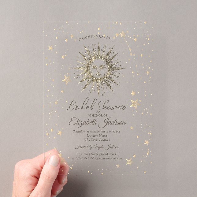 Celestial Gold Sun, Stars Navy Blue Brautparty Acryleinladungen (Insitu (Handheld))