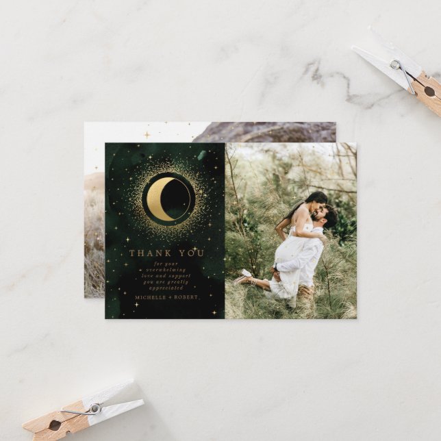 Celestial Gold Two Foto Wedding Dankeschön Card Einladung (Vorderseite/Rückseite Beispiel)