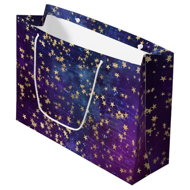 Celestial Golden Stars on Purple Galaxy Background Große Geschenktüte (Vorderseite Schrägansicht)