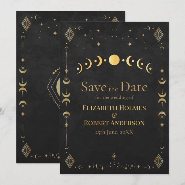 Celestial Gothic Black and Gold Save the Date Card (Devant / Derrière)