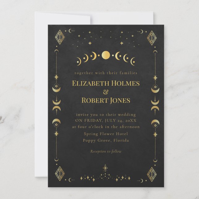 Celestial Gothic Black and Gold Wedding Invitation Einladung (Vorderseite)