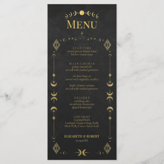 Celestial Gothic Black and Gold Wedding Menu Card Menükarte
