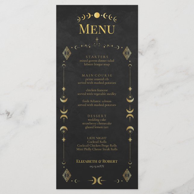 Celestial Gothic Black and Gold Wedding Menu Card Menükarte (Vorderseite)