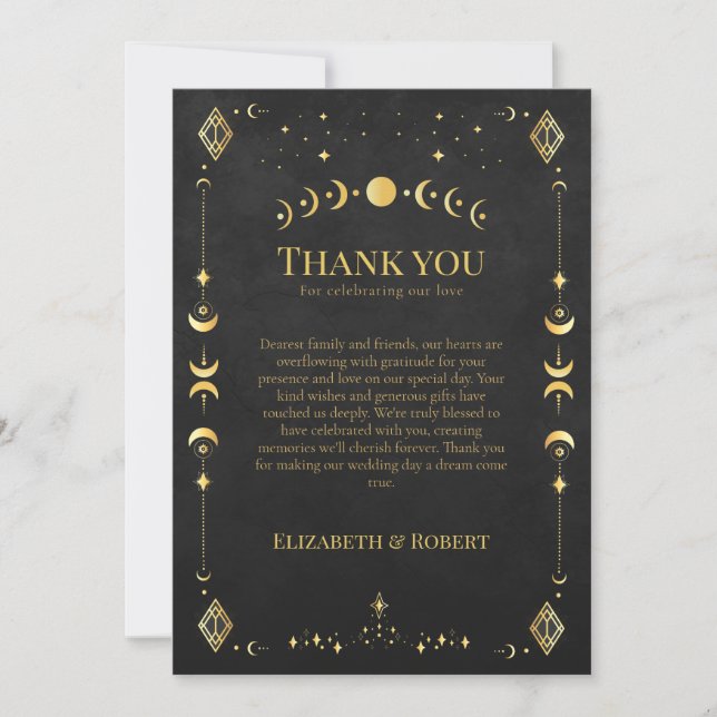 Celestial Gothic Black and Gold Wedding Thank You  Dankeskarte (Vorderseite)