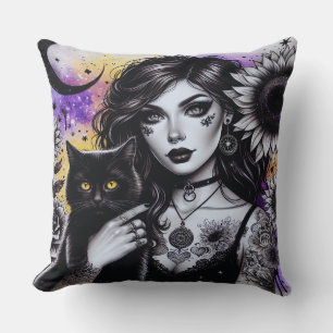 Celestial Gothic Hexe und Black Cat Kissen