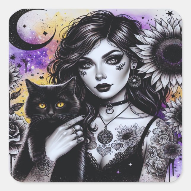 Celestial Gothic Hexe und Black Cat Quadratischer Aufkleber (Vorderseite)