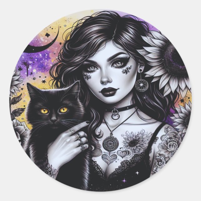 Celestial Gothic Hexe und Black Cat Runder Aufkleber (Vorderseite)
